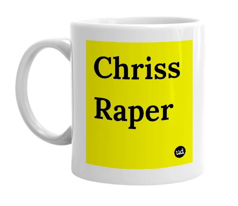 White mug with 'Chriss Raper' in bold black letters
