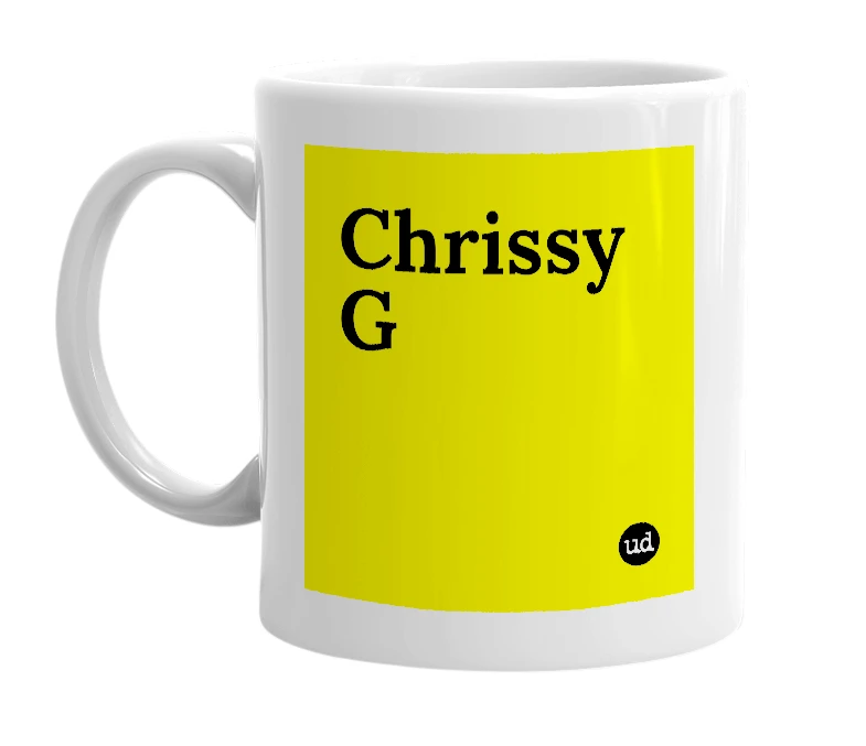 White mug with 'Chrissy G' in bold black letters