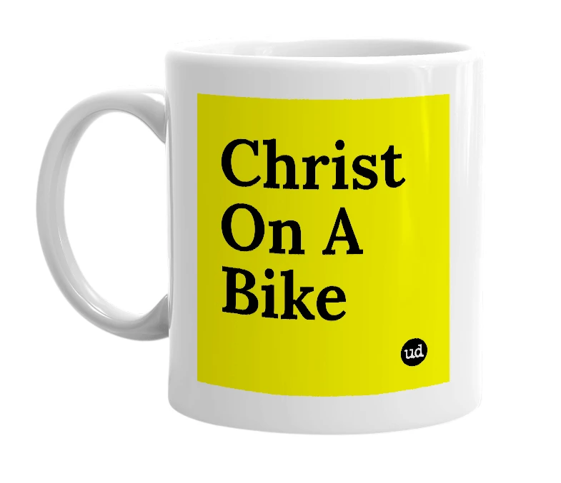 White mug with 'Christ On A Bike' in bold black letters