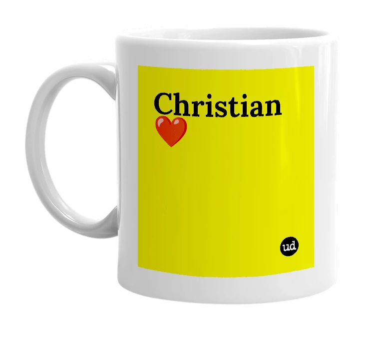 White mug with 'Christian❤️' in bold black letters