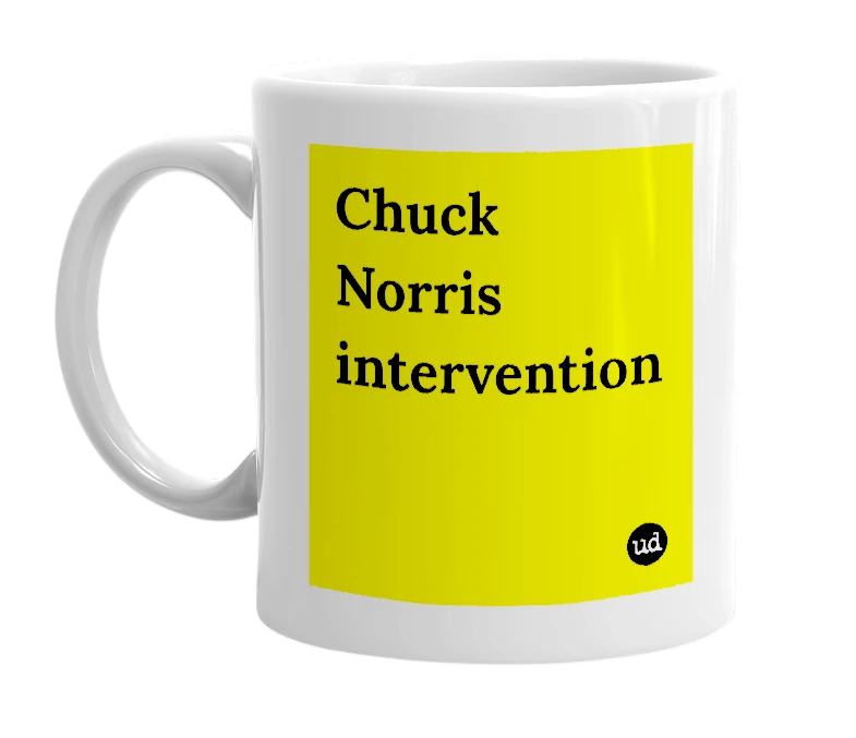 White mug with 'Chuck Norris intervention' in bold black letters