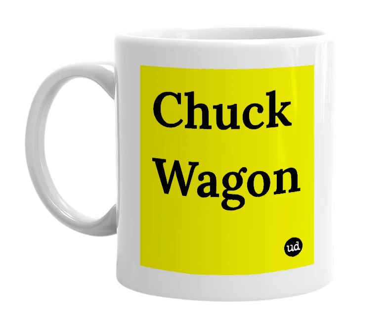 White mug with 'Chuck Wagon' in bold black letters