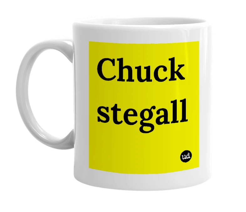 White mug with 'Chuck stegall' in bold black letters