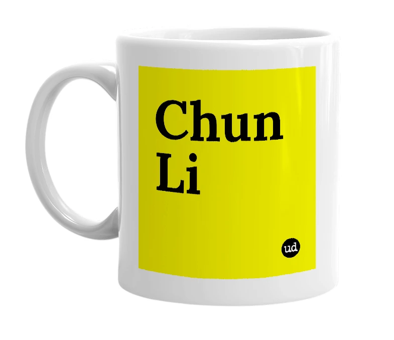 White mug with 'Chun Li' in bold black letters