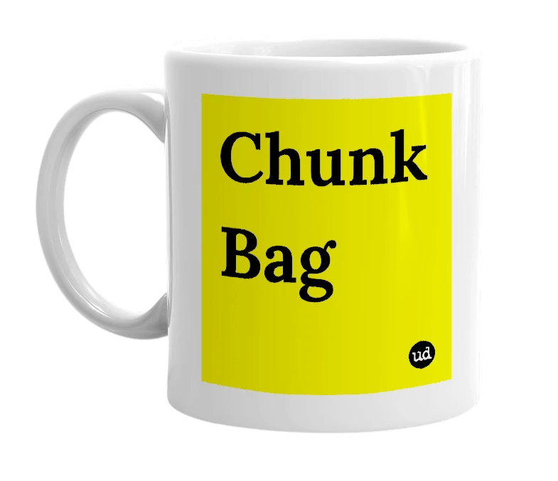 White mug with 'Chunk Bag' in bold black letters