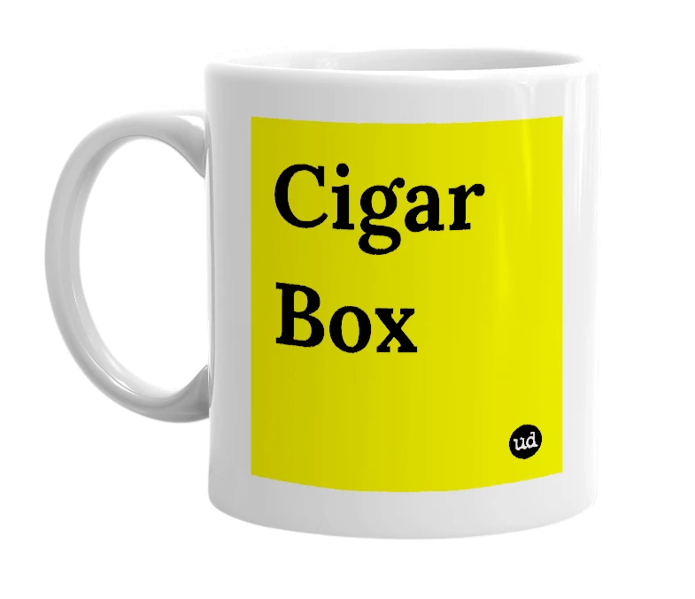 White mug with 'Cigar Box' in bold black letters