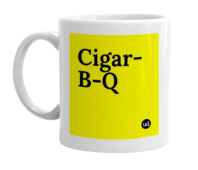 White mug with 'Cigar-B-Q' in bold black letters