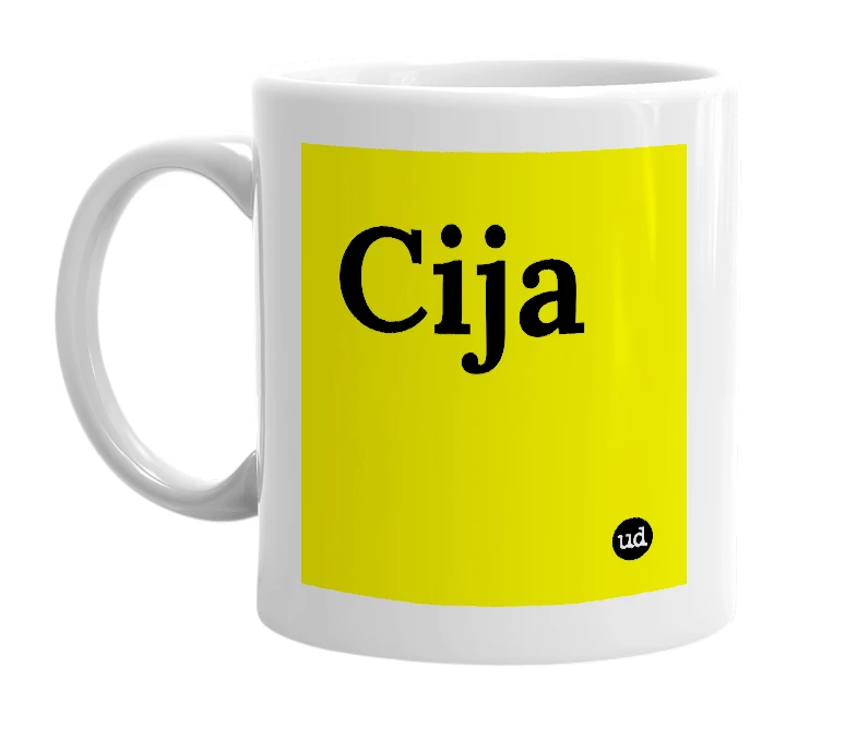 White mug with 'Cija' in bold black letters
