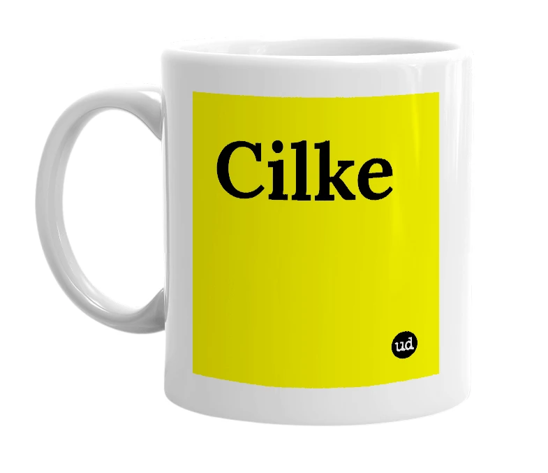 White mug with 'Cilke' in bold black letters