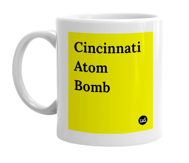 White mug with 'Cincinnati Atom Bomb' in bold black letters