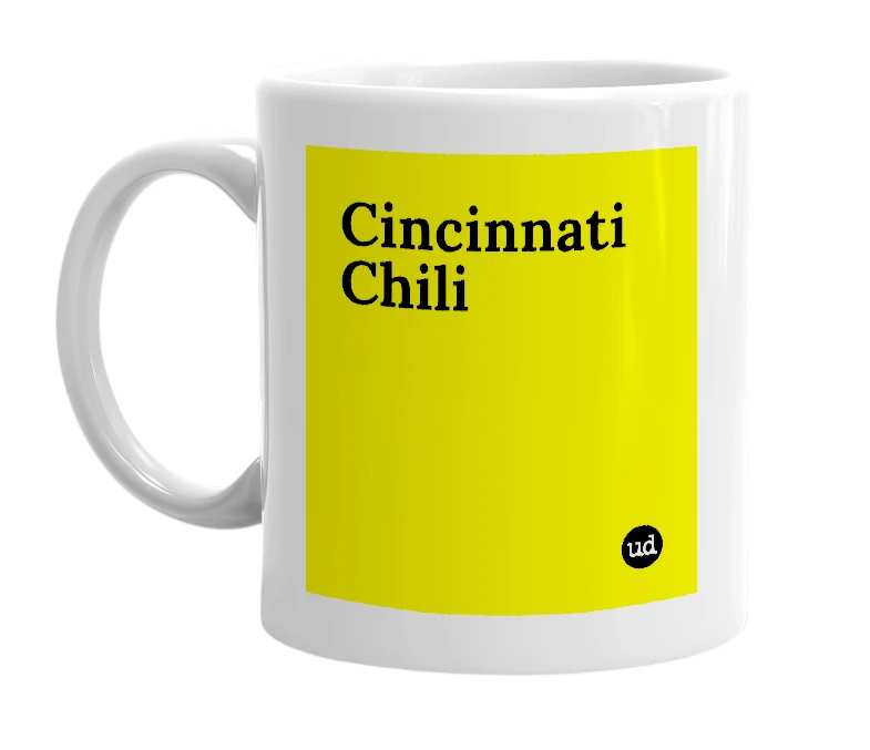 White mug with 'Cincinnati Chili' in bold black letters
