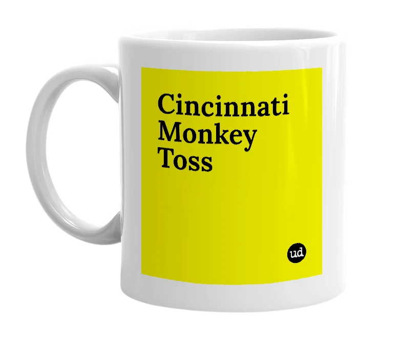 White mug with 'Cincinnati Monkey Toss' in bold black letters