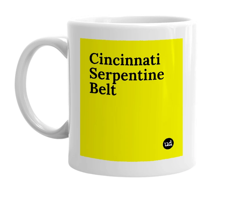 White mug with 'Cincinnati Serpentine Belt' in bold black letters