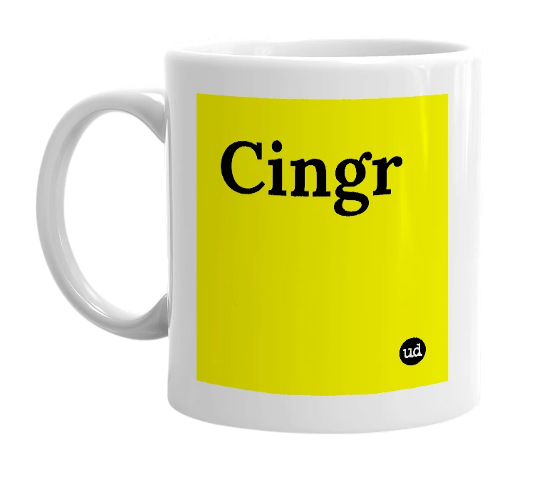 White mug with 'Cingr' in bold black letters