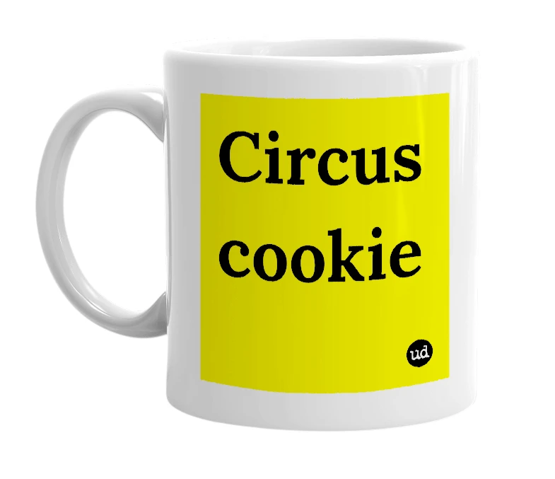 White mug with 'Circus cookie' in bold black letters