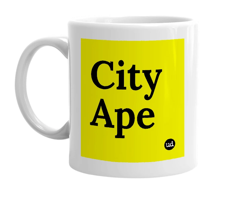 White mug with 'City Ape' in bold black letters