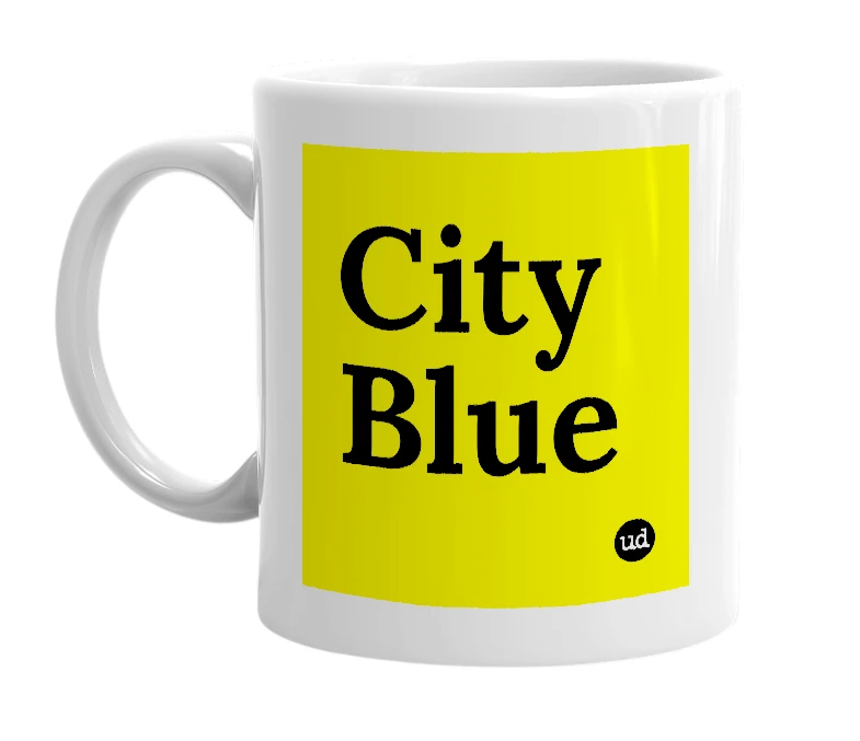 White mug with 'City Blue' in bold black letters