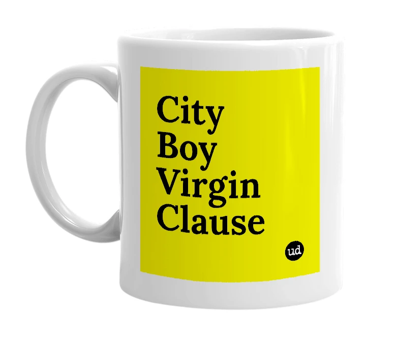 White mug with 'City Boy Virgin Clause' in bold black letters