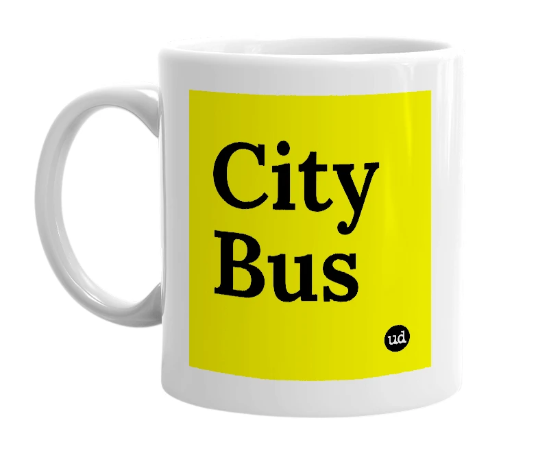 White mug with 'City Bus' in bold black letters