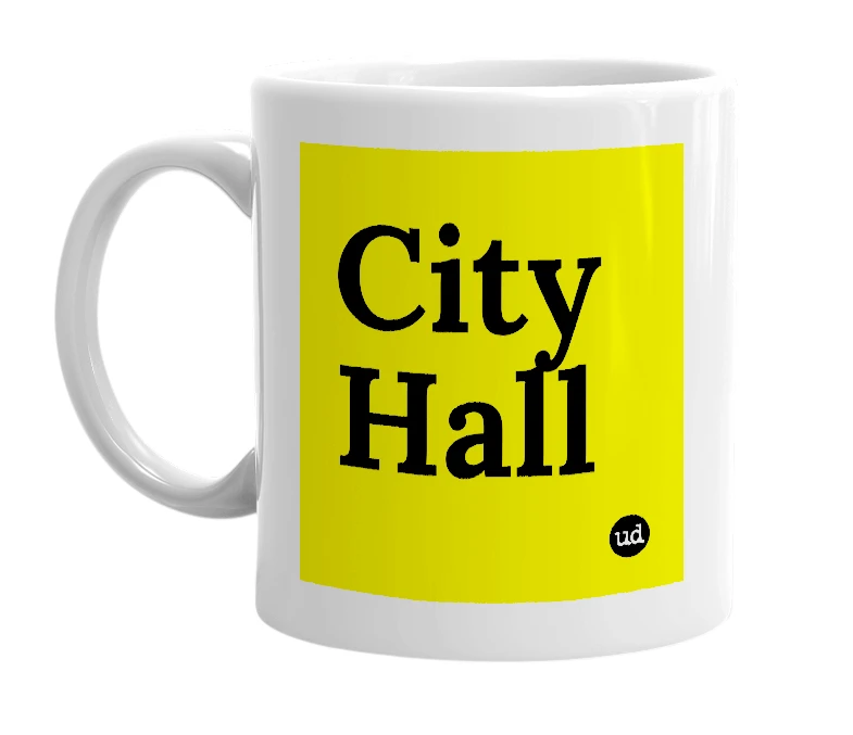 White mug with 'City Hall' in bold black letters