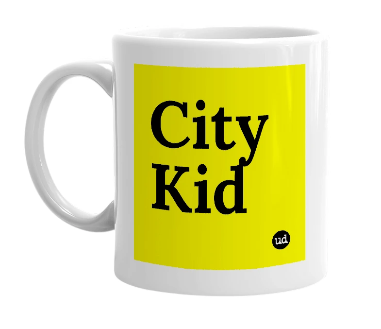 White mug with 'City Kid' in bold black letters