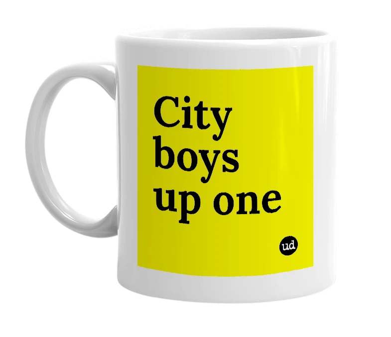 White mug with 'City boys up one' in bold black letters