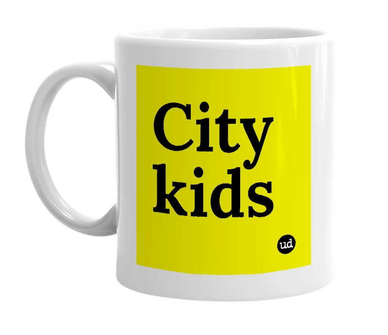 White mug with 'City kids' in bold black letters