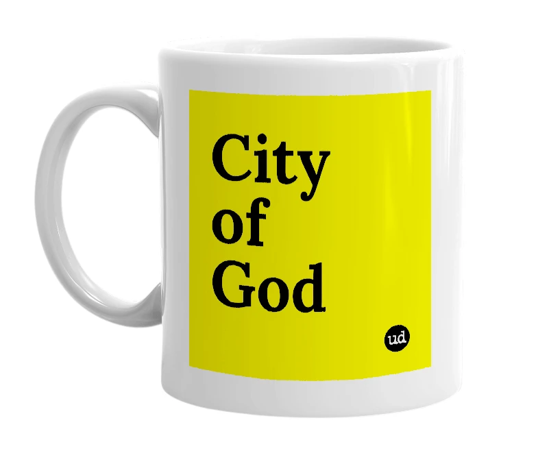 White mug with 'City of God' in bold black letters
