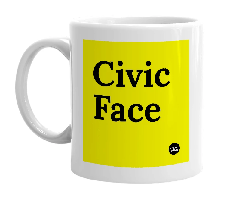 White mug with 'Civic Face' in bold black letters