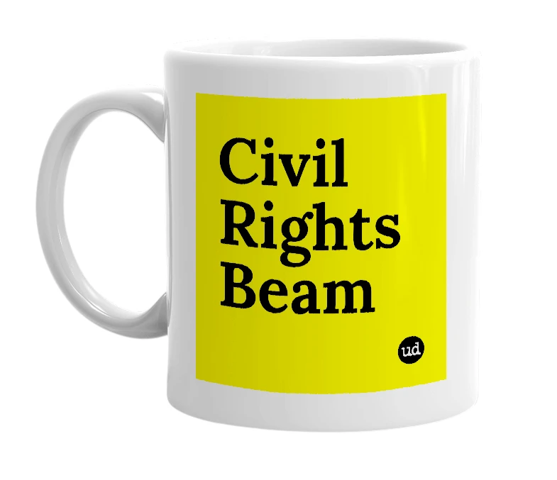 White mug with 'Civil Rights Beam' in bold black letters