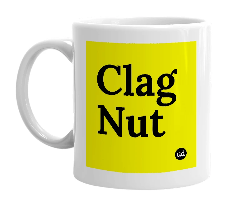 White mug with 'Clag Nut' in bold black letters