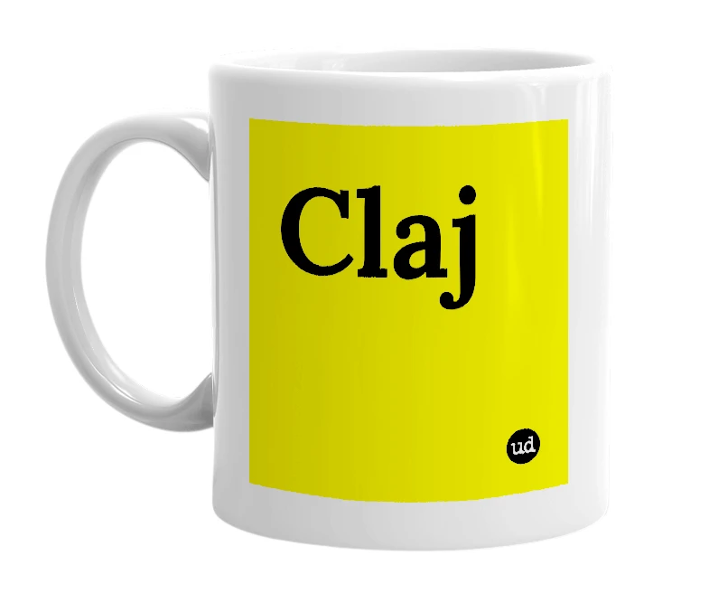 White mug with 'Claj' in bold black letters