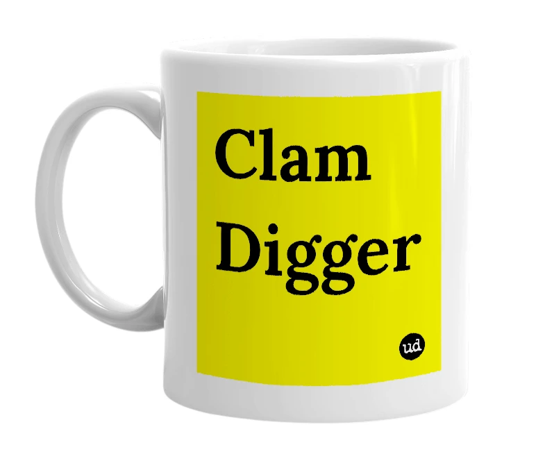 White mug with 'Clam Digger' in bold black letters