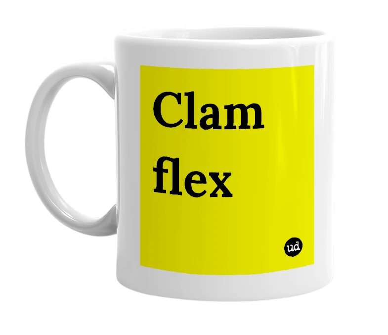 White mug with 'Clam flex' in bold black letters