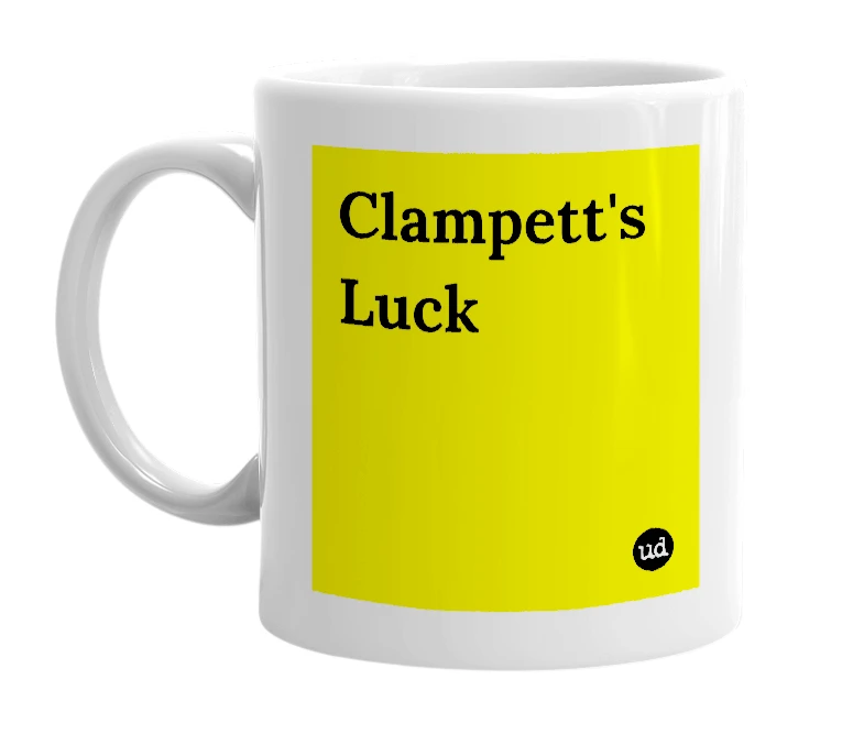 White mug with 'Clampett's Luck' in bold black letters
