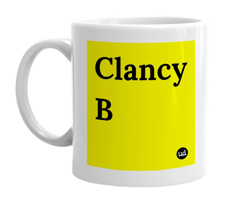 White mug with 'Clancy B' in bold black letters