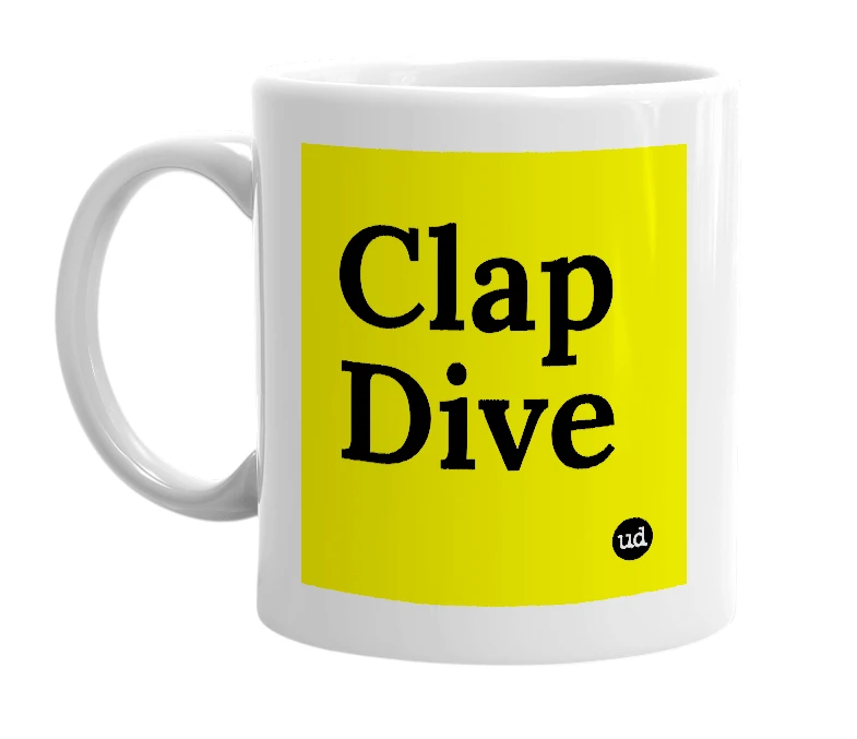 White mug with 'Clap Dive' in bold black letters