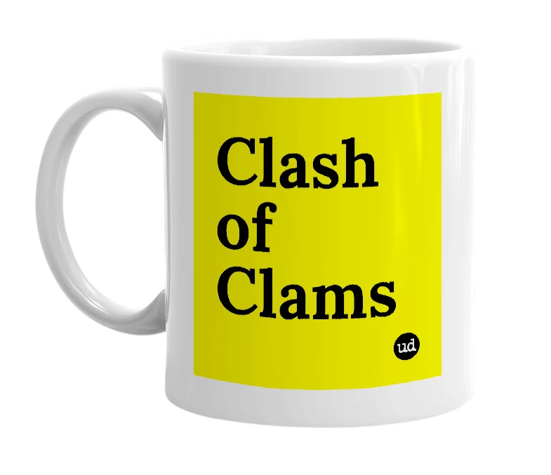 White mug with 'Clash of Clams' in bold black letters
