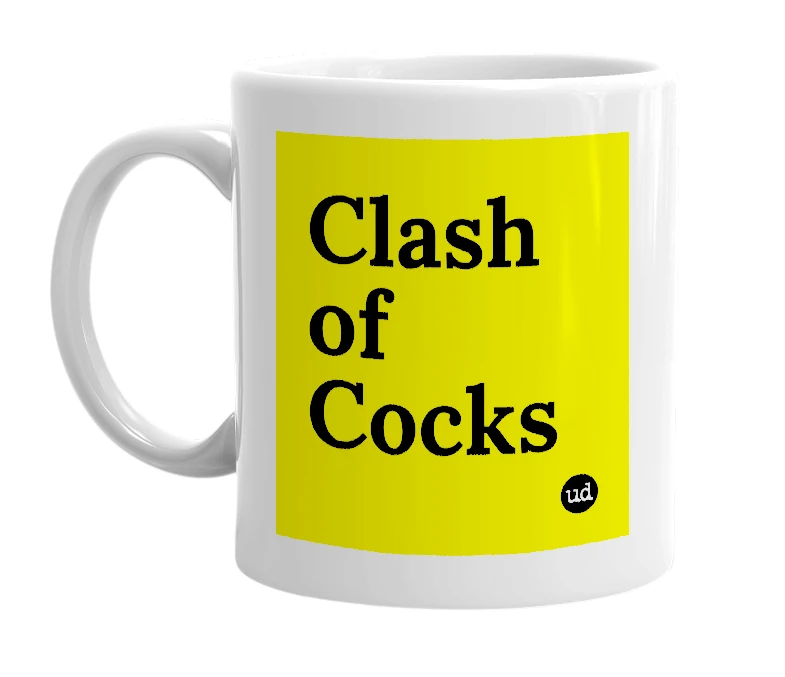 White mug with 'Clash of Cocks' in bold black letters