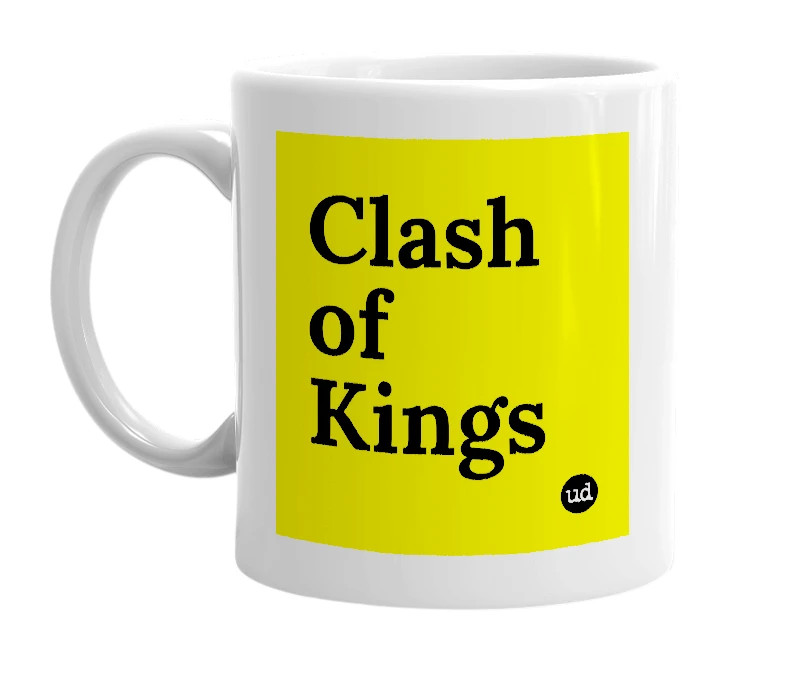 White mug with 'Clash of Kings' in bold black letters