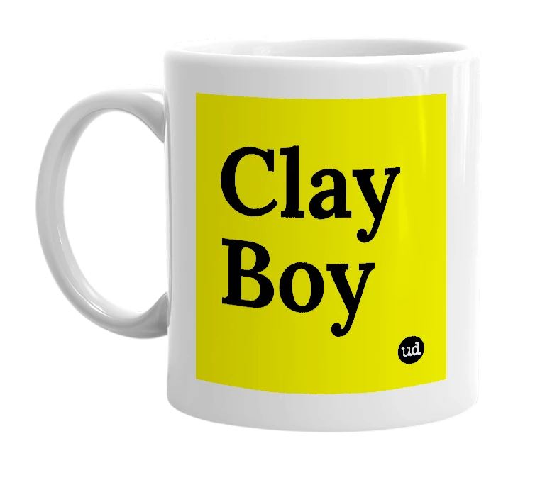 White mug with 'Clay Boy' in bold black letters