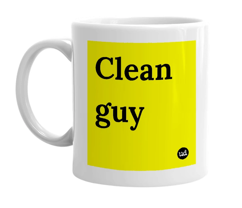 White mug with 'Clean guy' in bold black letters