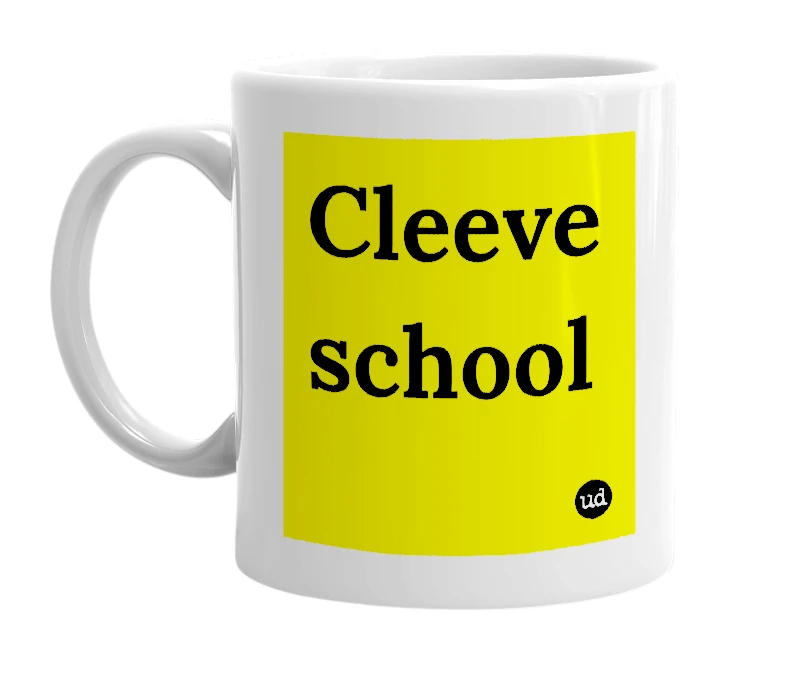 White mug with 'Cleeve school' in bold black letters
