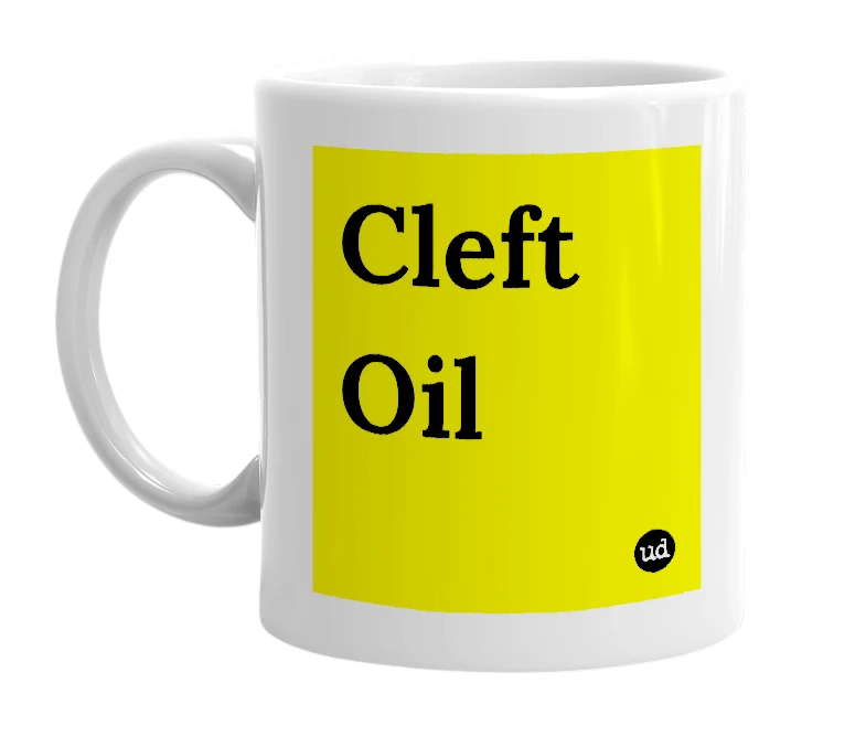 White mug with 'Cleft Oil' in bold black letters