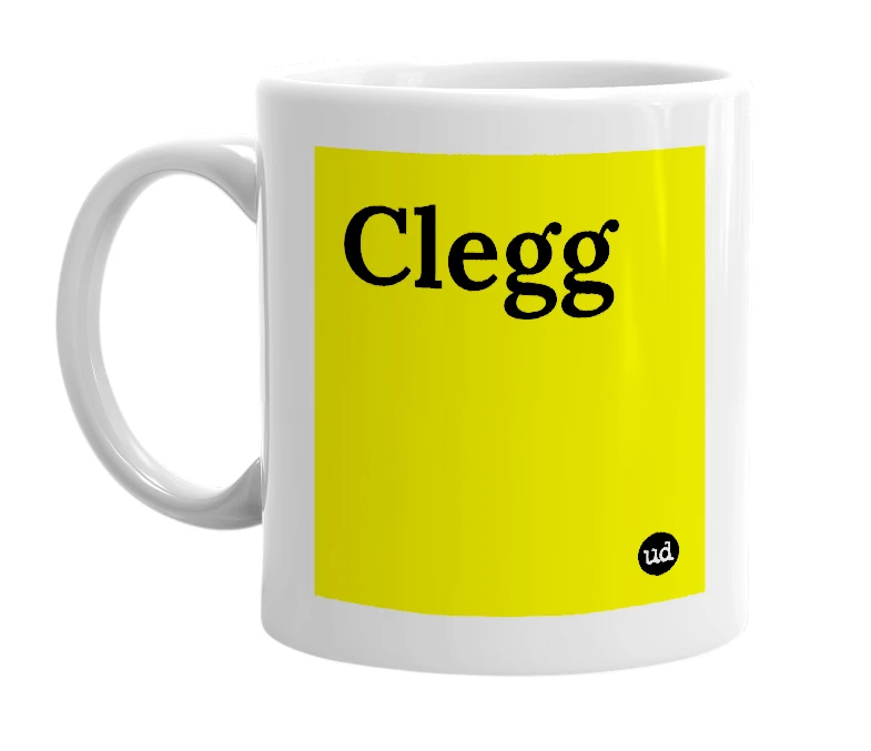 White mug with 'Clegg' in bold black letters