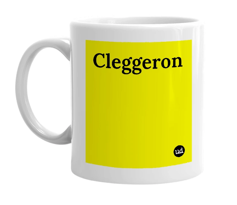 White mug with 'Cleggeron' in bold black letters