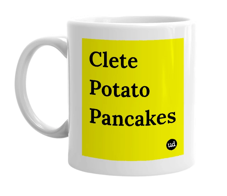 White mug with 'Clete Potato Pancakes' in bold black letters