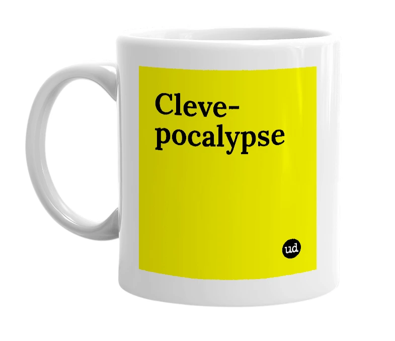 White mug with 'Cleve-pocalypse' in bold black letters