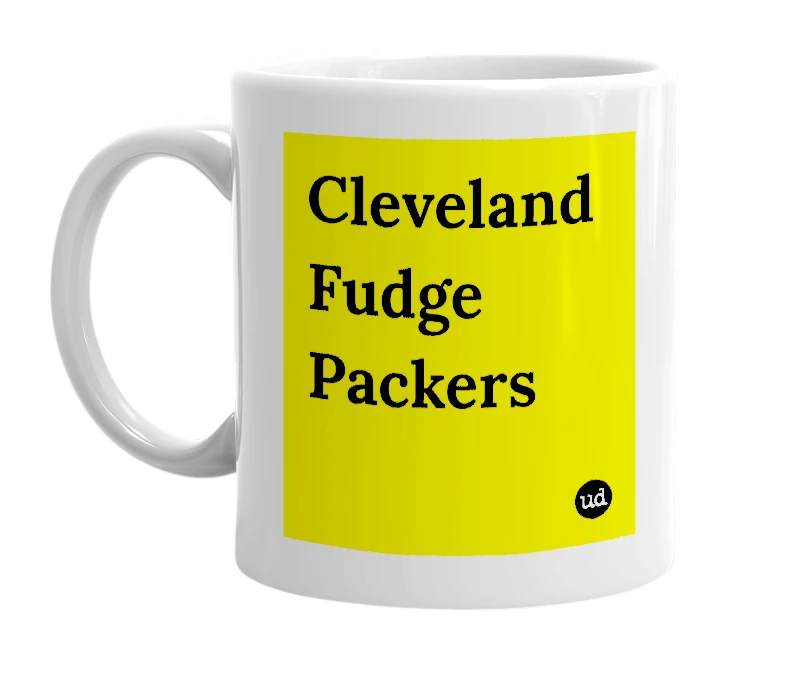 White mug with 'Cleveland Fudge Packers' in bold black letters