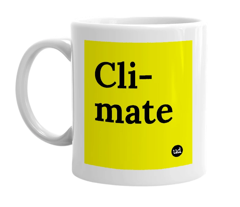 White mug with 'Cli-mate' in bold black letters
